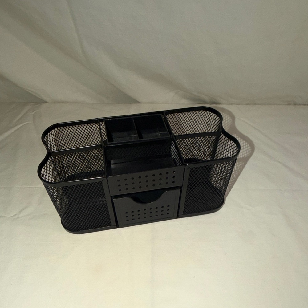 BLACK MESH DESK OFFICE ORGANIZER PEN/PENCIL HOLDER POST IT NOTE AND DRAWER